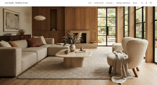 A contemporary living space with natural wood and stone